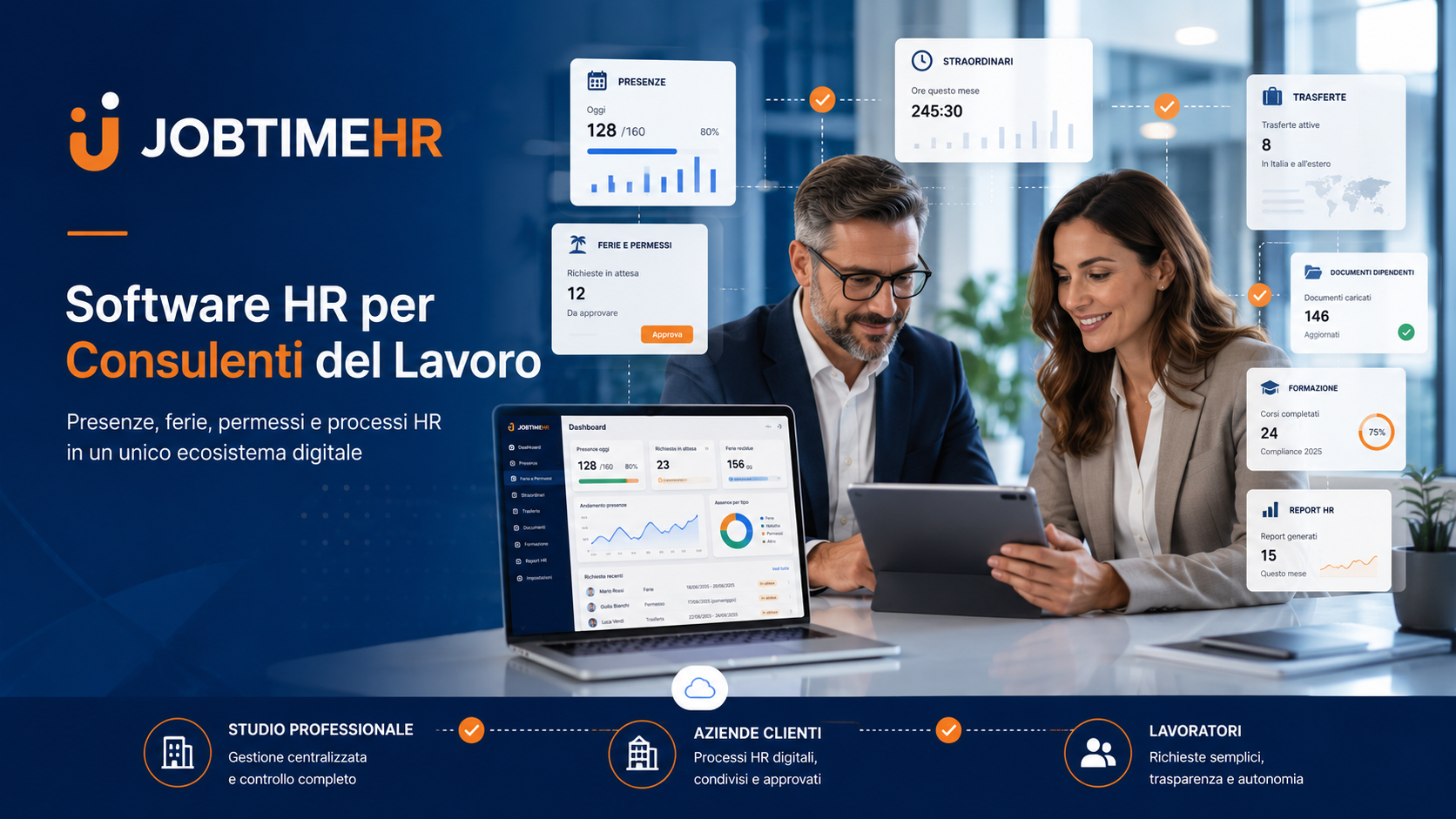 Software HR per Consulenti del Lavoro: due professionisti consultano su laptop e tablet la dashboard JOBTIMEHR con presenze, ferie e straordinari